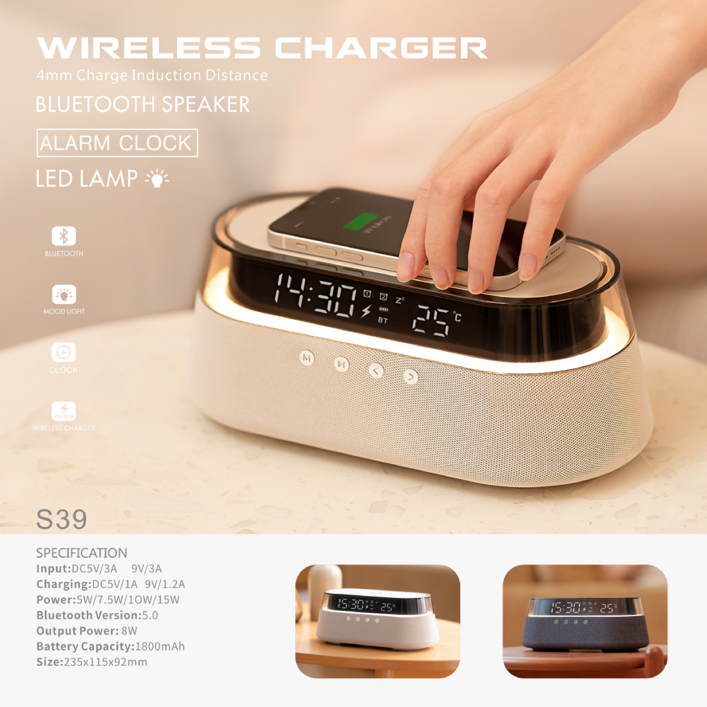 Elegant Furniture (Wireless Charger + Clock + Lamp) F